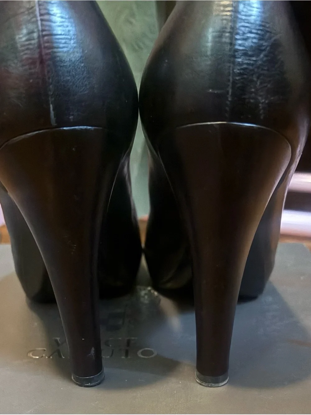 CHANEL Black Leather Peep-Toe Pumps with Gold CC Emblem